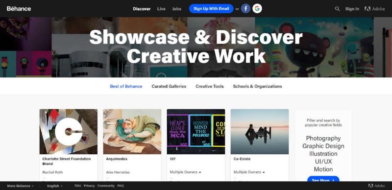 Главная страница сервиса Behance Главная страница сервиса Behance